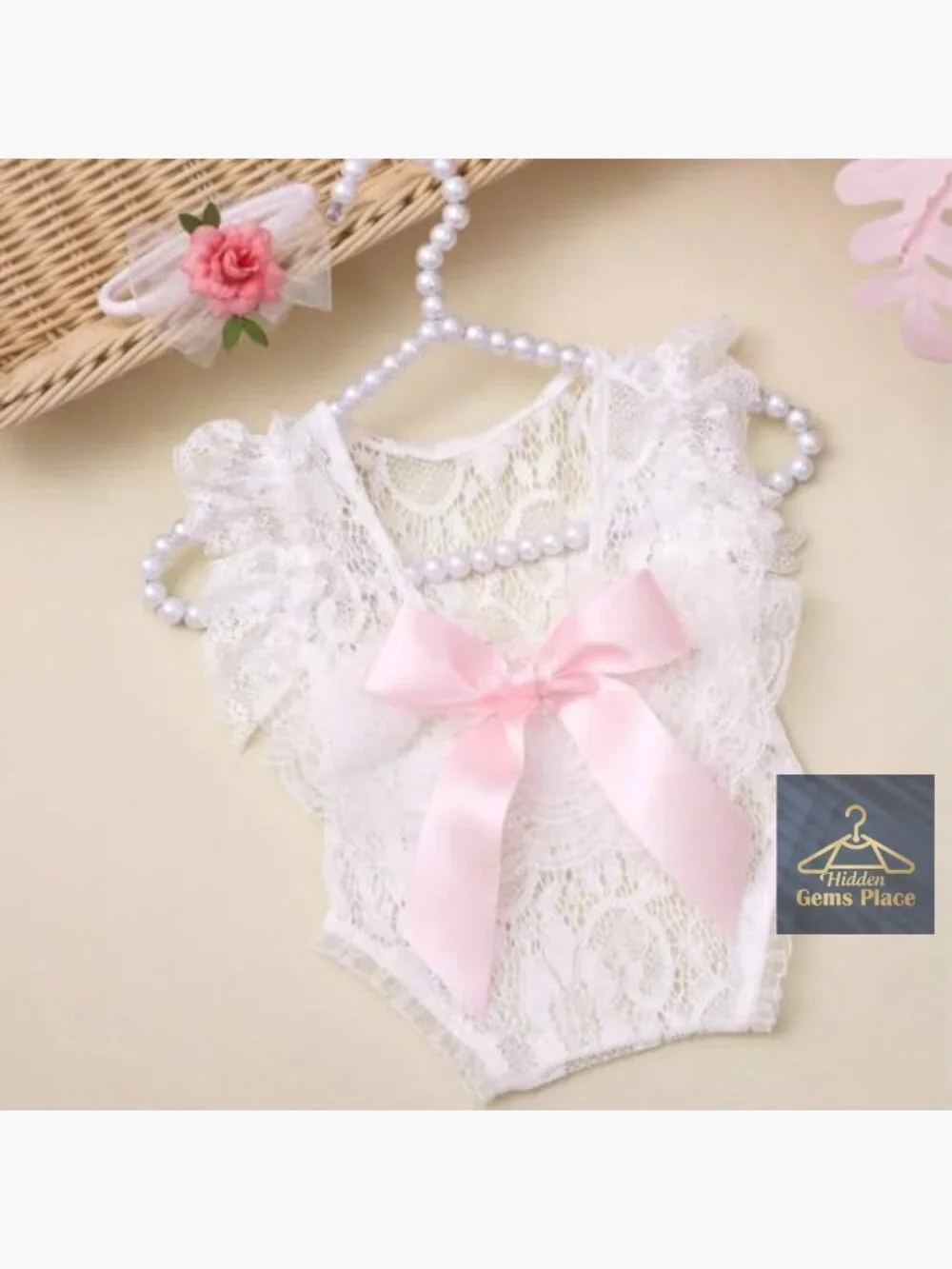Backless Lace Romper with Flower Headband Newborn Photography Outfit